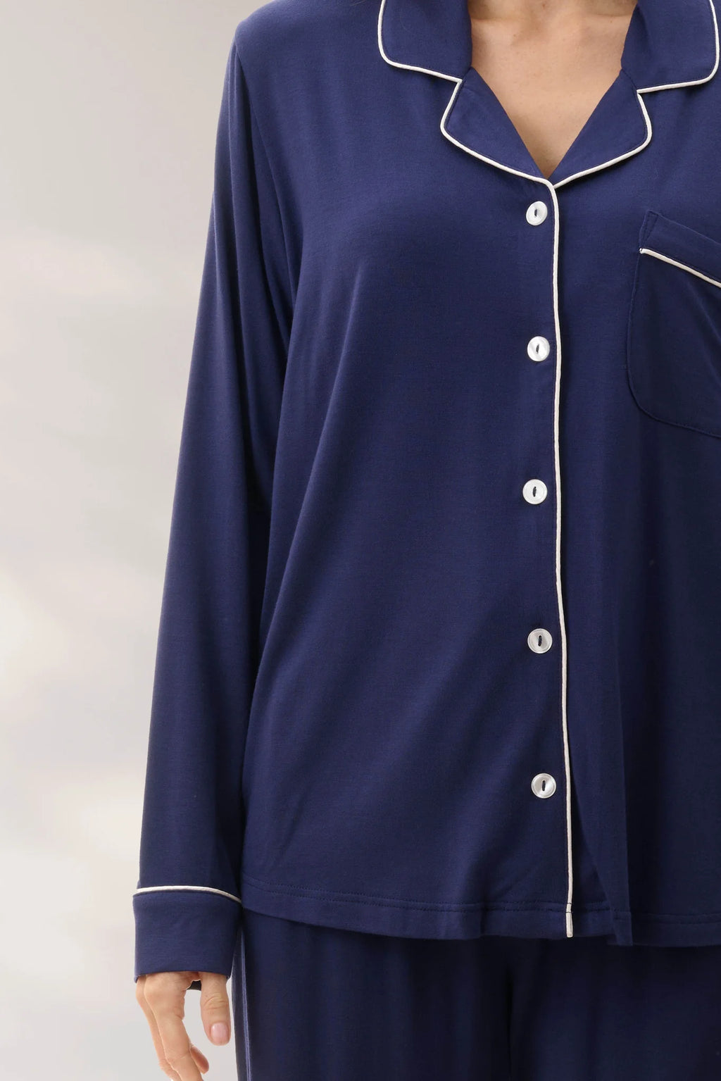 Givoni navy long sleeve modal pyjama set with a relaxed fit, soft fabric, and comfortable design for sleepwear.