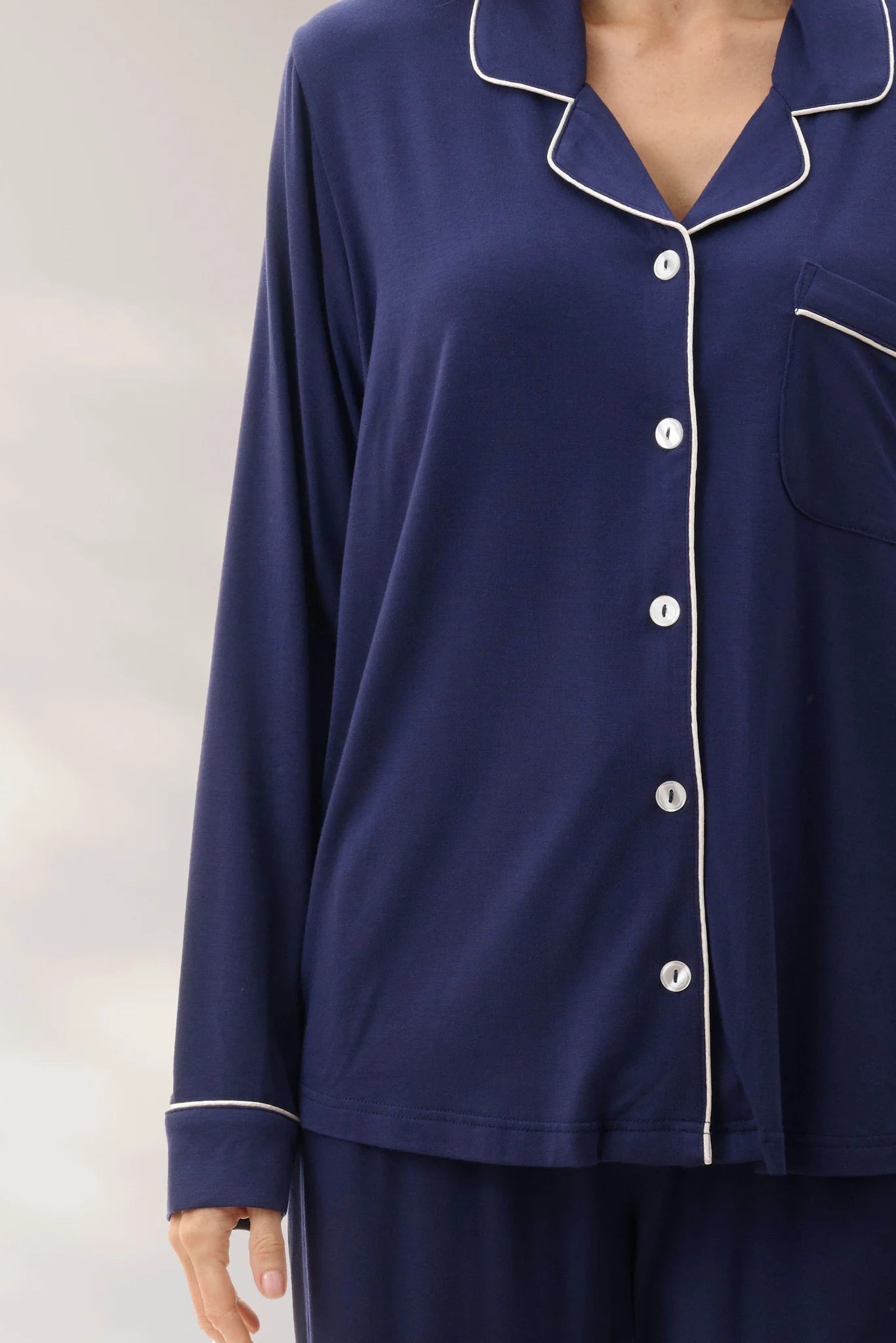 Givoni navy long sleeve modal pyjama set with a relaxed fit, soft fabric, and comfortable design for sleepwear.