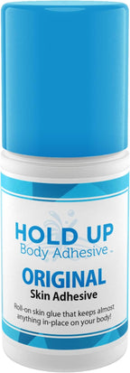 AMOENA Hold Up Body Adhesive accessory in a clear container, designed to secure clothing and enhance fit.