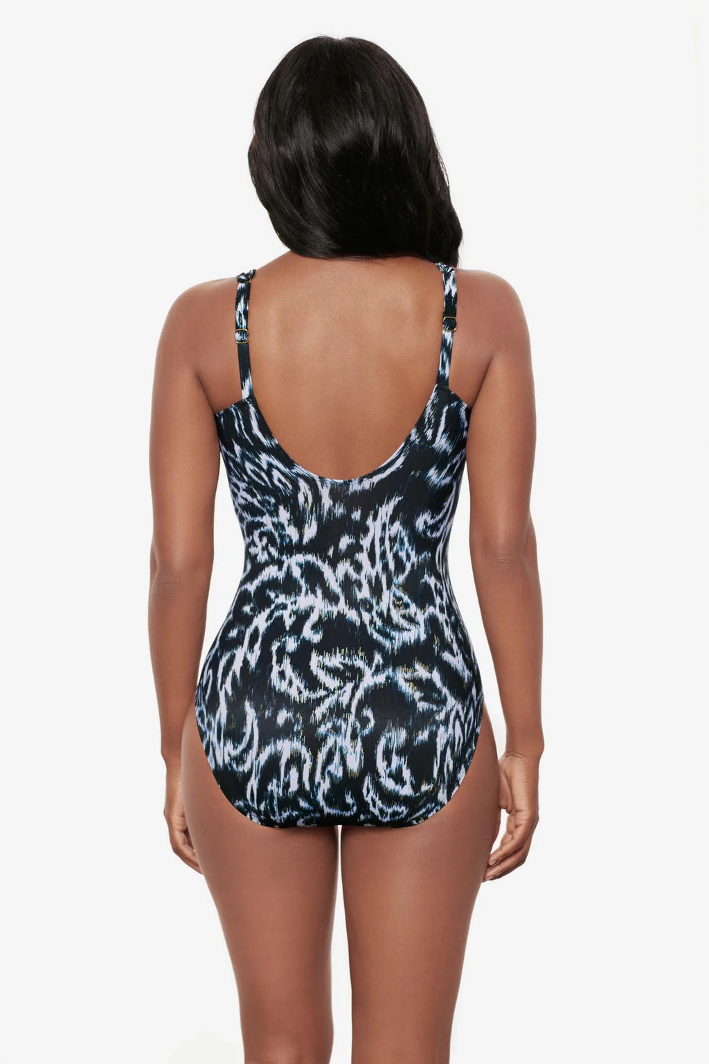 Miraclesuit Siren One Piece swimwear in Adorn color featuring a stylish, supportive design with a deep neckline and full coverage.