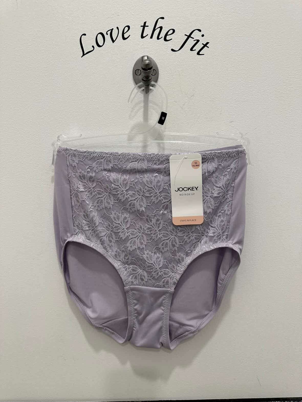 Jockey lace full brief underwear in lilac color, featuring delicate lace detailing and full coverage design.