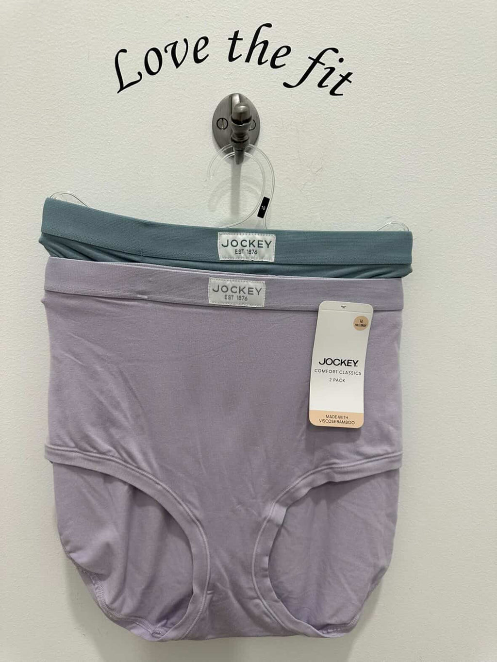 Jockey Comfort Classics full brief underwear 2-pack in lilac and sage, soft cotton fabric, waistband with Jockey logo, front view.