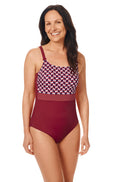 Burgundy UV50+ one-piece swimsuit with adjustable straps from Amoena, size 18, designed for mastectomy comfort.