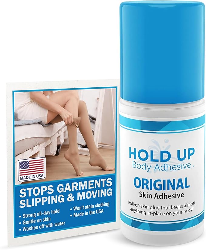 AMOENA Hold Up Body Adhesive accessory container with skin-safe adhesive for secure clothing and fashion support.