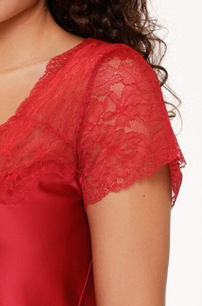 Cerise pink lace chemise by Lingadore with adjustable straps and delicate scalloped edges