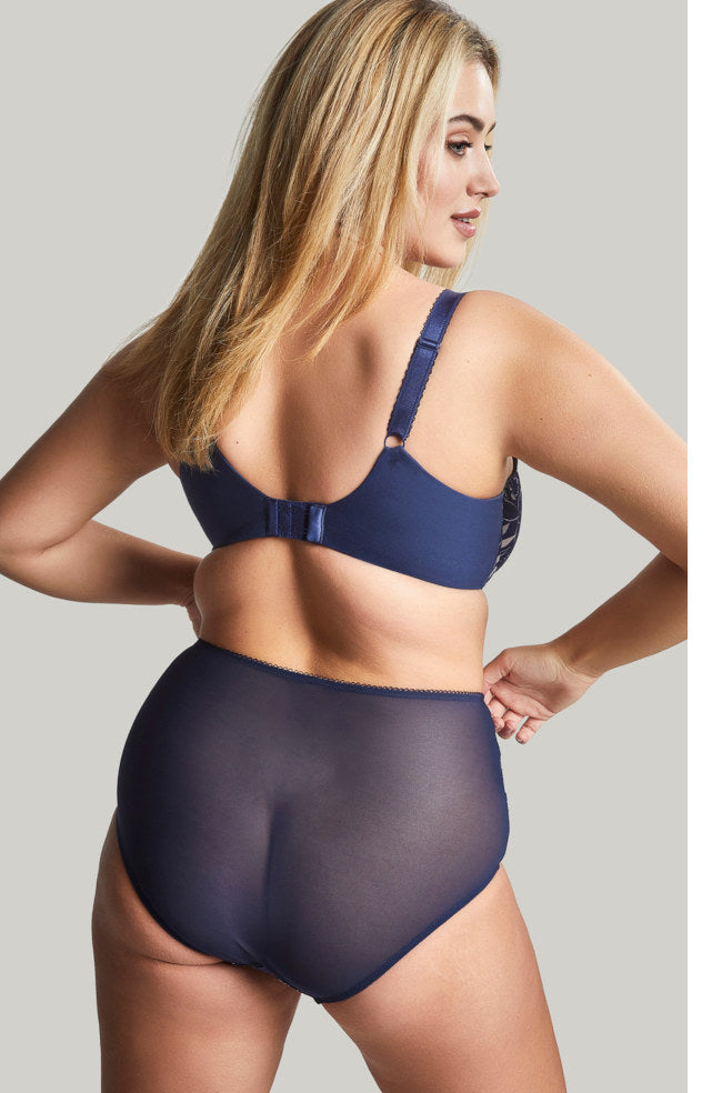 Blue Meadow lace mesh high waist brief by Sculptresse, featuring floral design and soft material. Available in sizes 12, 14,