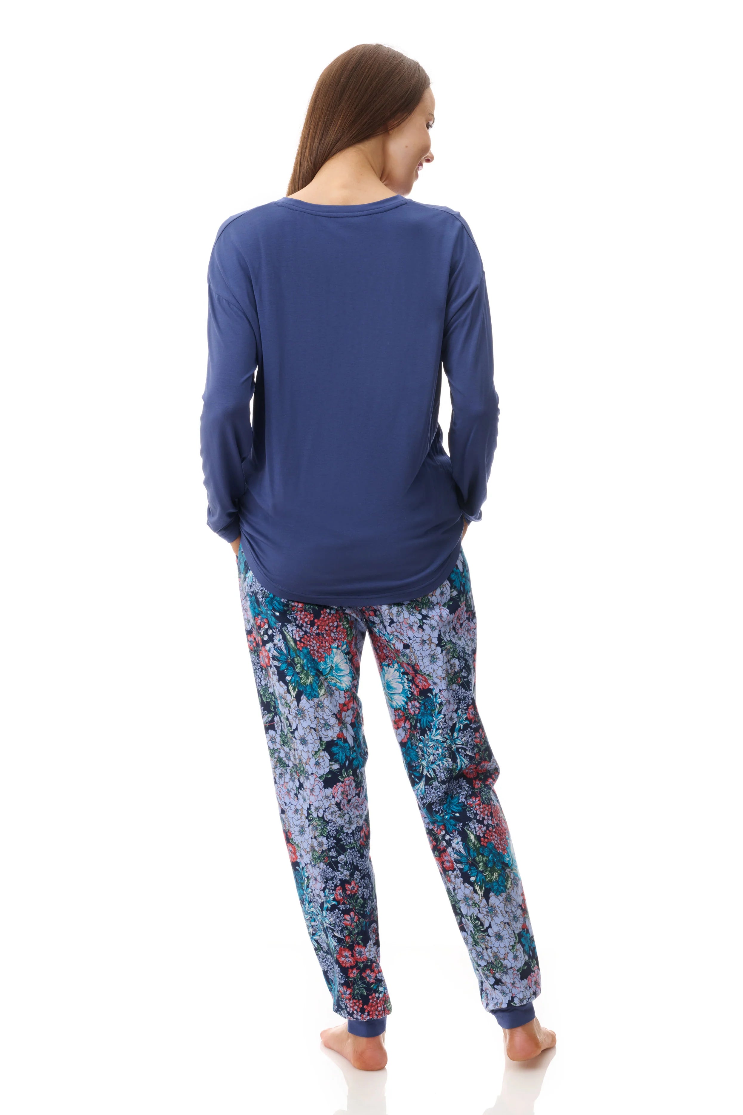 Givoni Flanelette Frida print ski pyjama sleepwear with pink and white ski pattern on soft fabric, shown from the back.