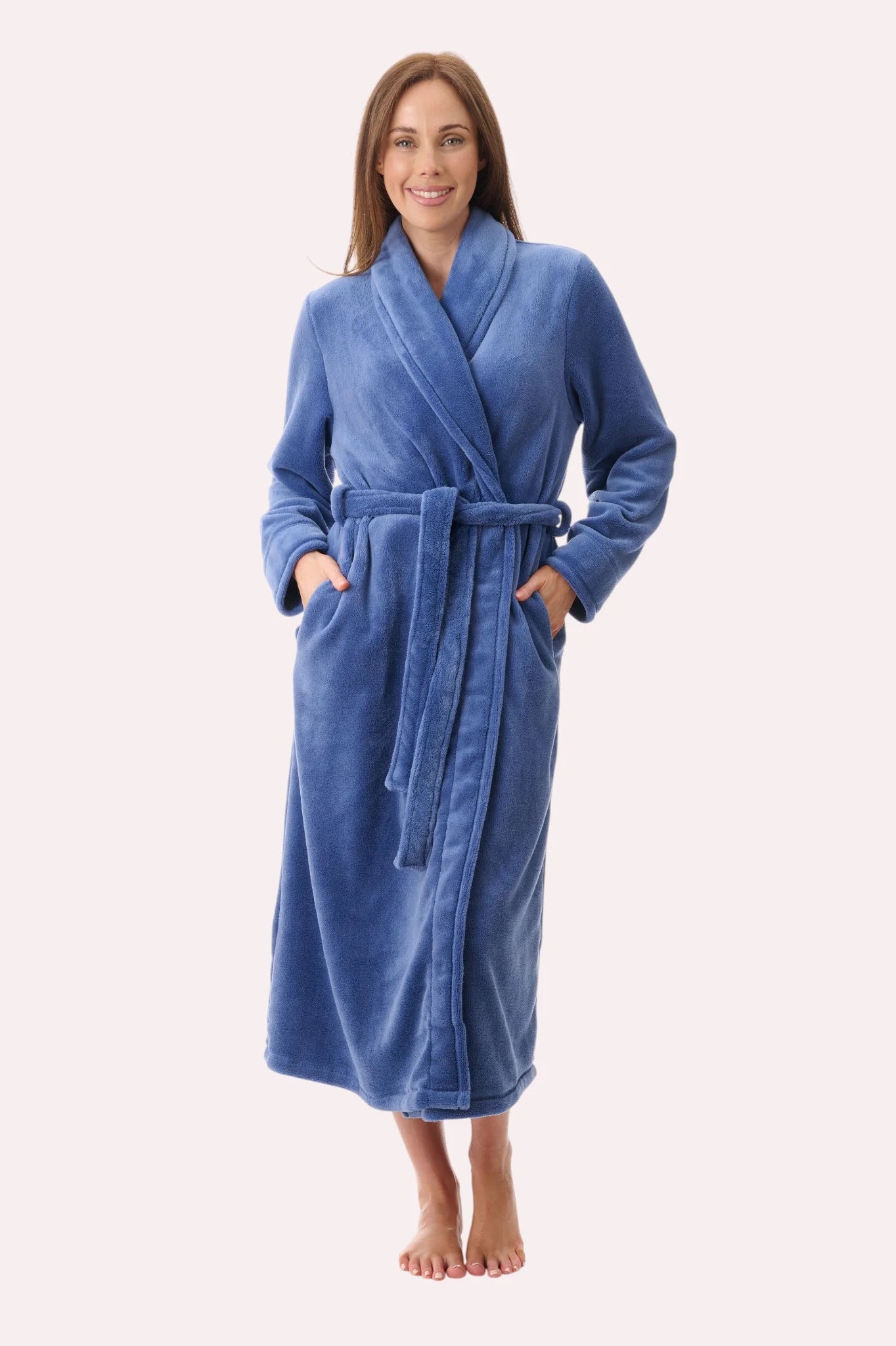 GIVONI fleece mid-length wrap gown for sleepwear, soft fabric, cozy design, shown on a hanger against a neutral background.