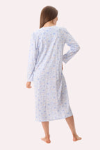 GIVONI Poppy mid-length blue cotton nightie with short sleeves, displayed from the back, soft and comfortable sleepwear for women.