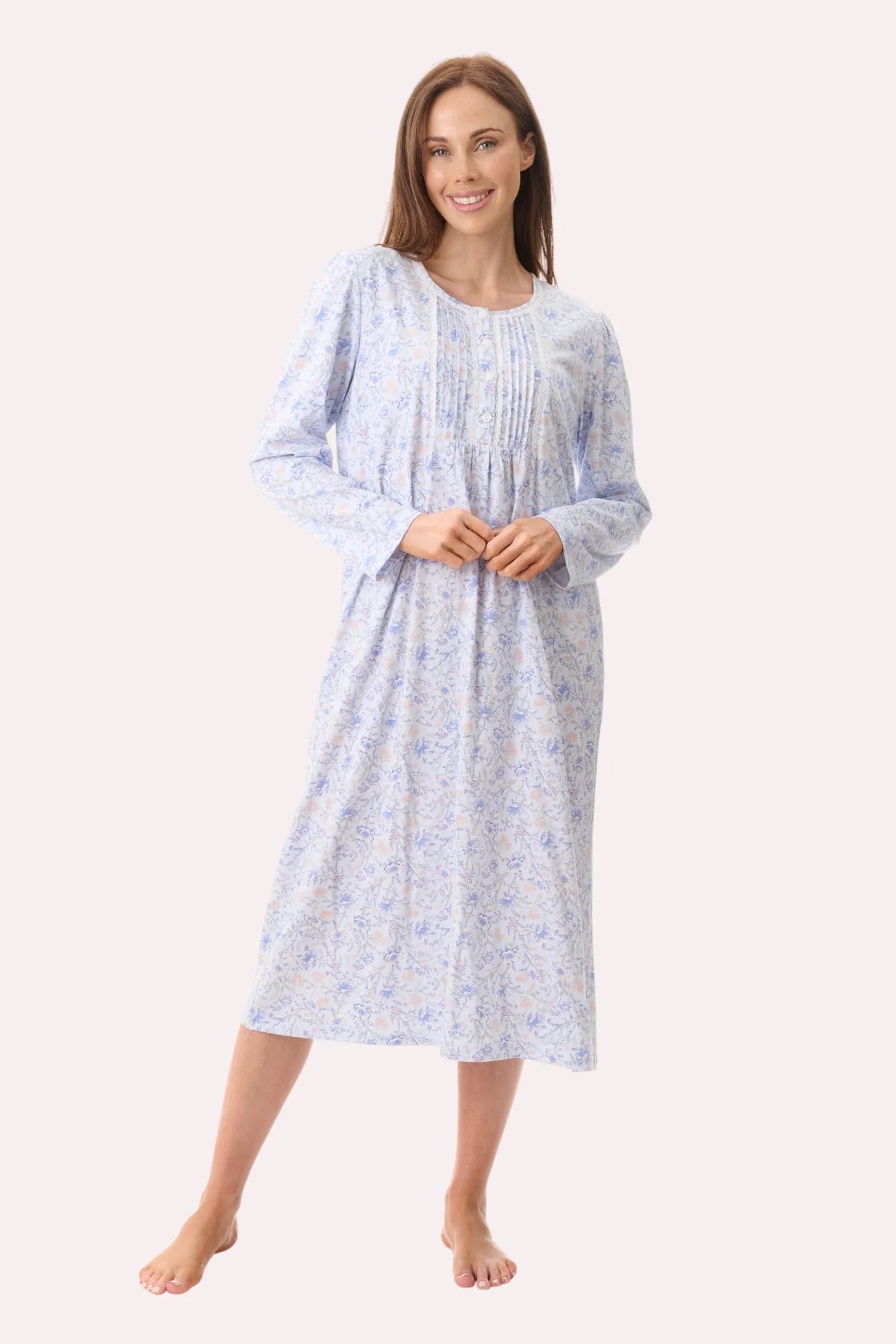 Givoni Poppy mid-length blue cotton nightie, soft sleepwear with short sleeves and a relaxed fit, displayed on a hanger.