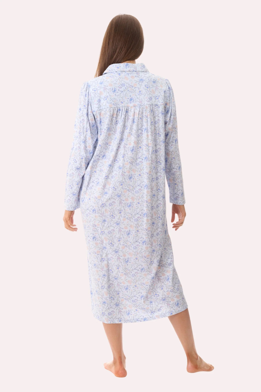 GIVONI Poppy mid-length collared nightie in soft sleepwear fabric, shown from the back with a relaxed fit and buttoned collar.