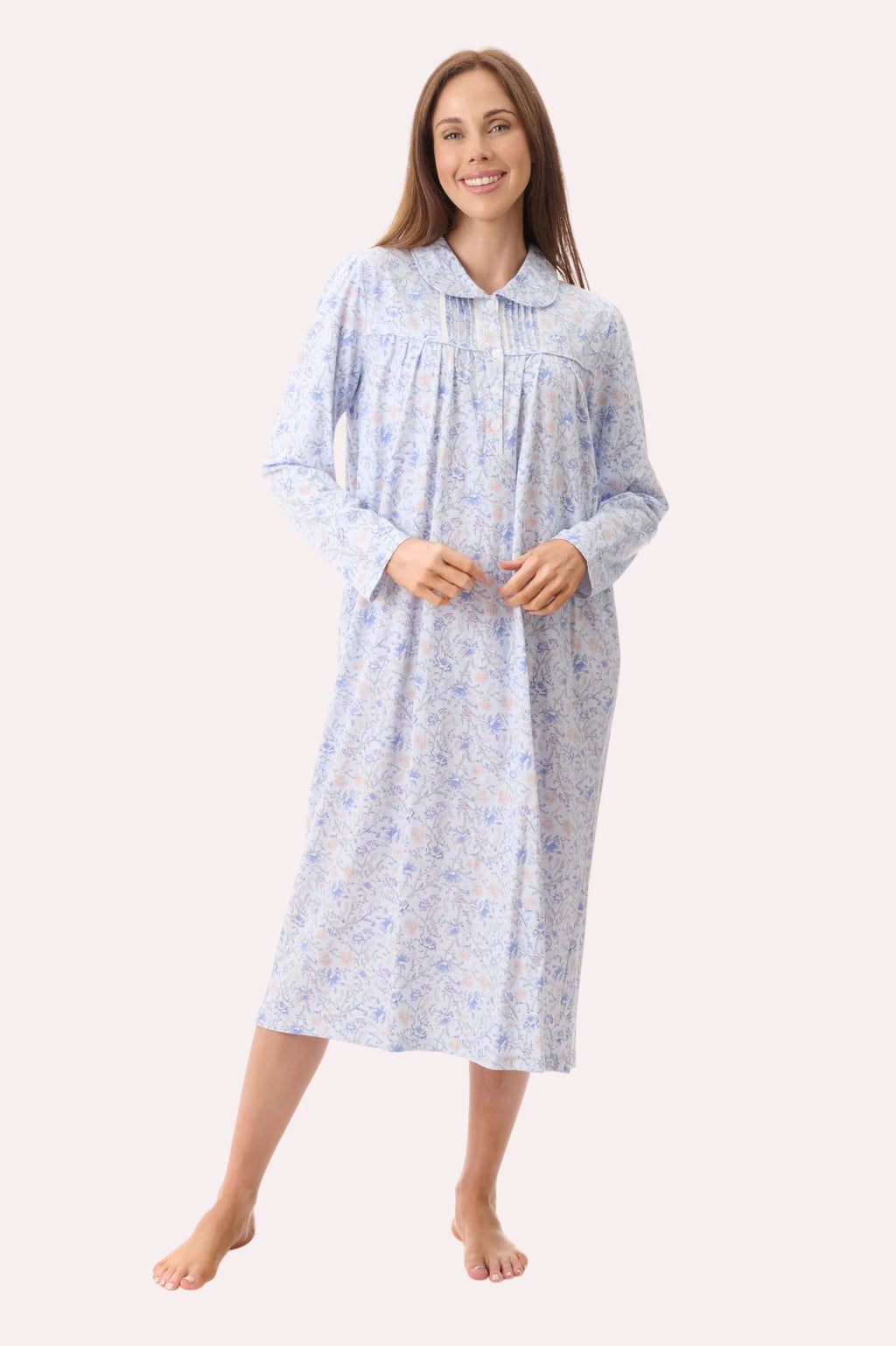 GIVONI Poppy mid-length collared nightie, sleepwear with a button-up front and soft fabric, shown from the front view.
