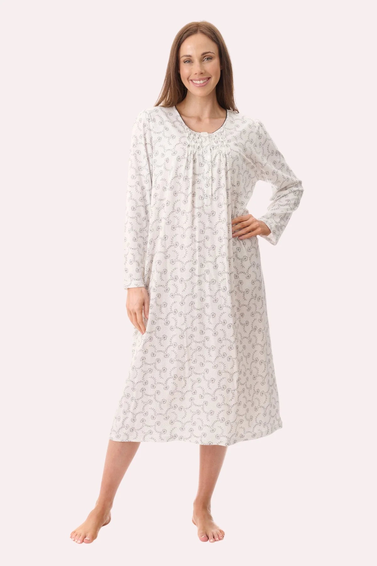 Givoni Nadia mid-length cotton nightie in ivory, front view showcasing soft fabric and comfortable sleepwear design.