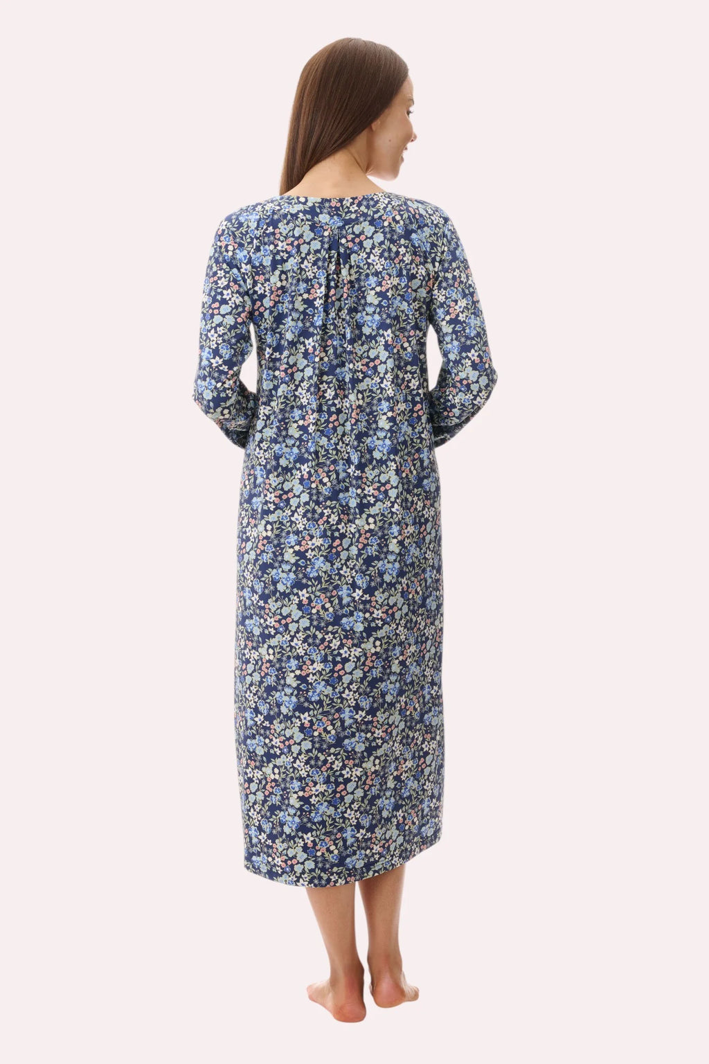 Givoni Ariel royal blue mid-length long sleeve nightie, soft sleepwear with a relaxed fit and comfortable fabric, back view.