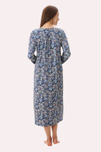Givoni Ariel royal blue mid-length long sleeve nightie, soft sleepwear with a relaxed fit and comfortable fabric, back view.