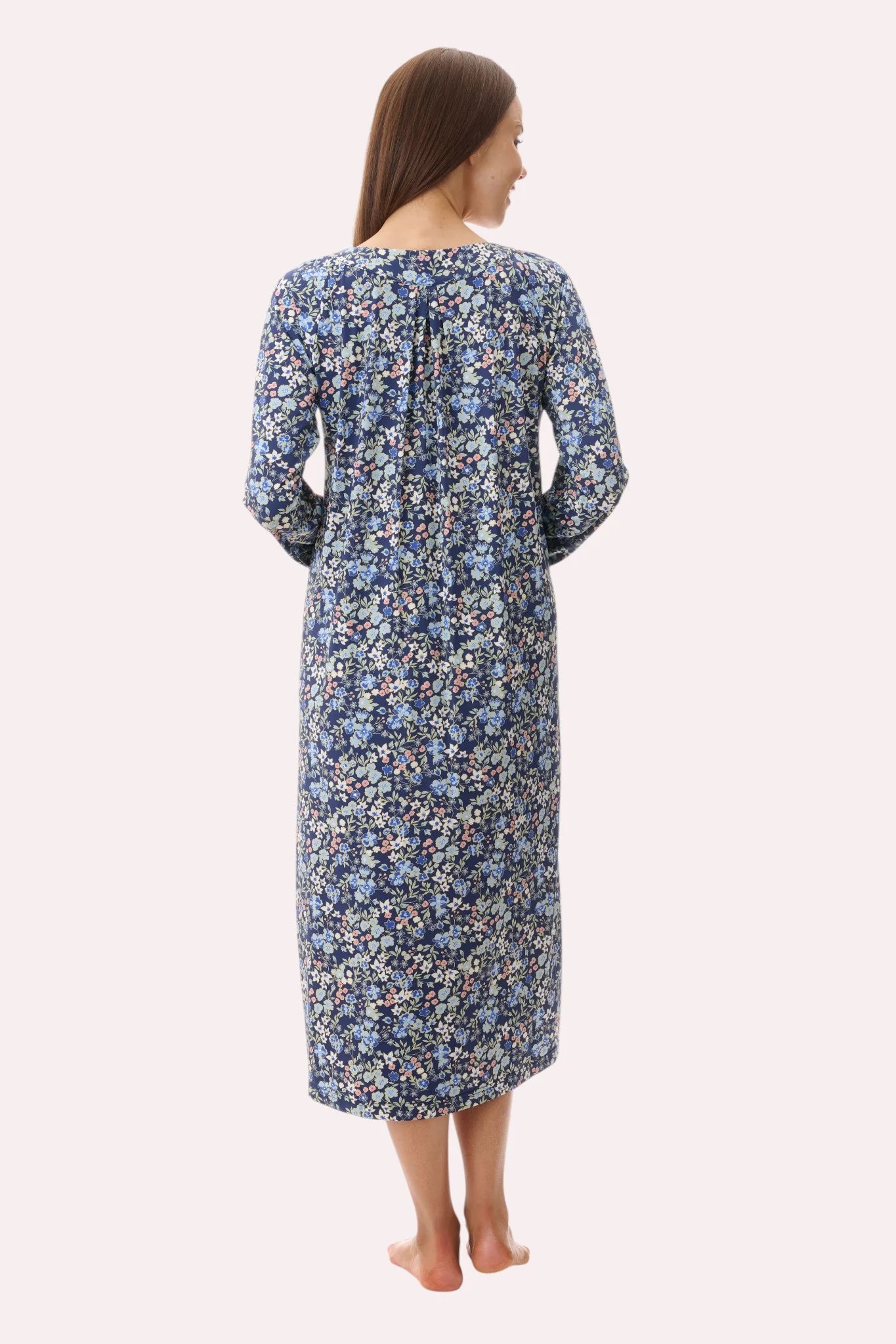 Givoni Ariel royal blue mid-length long sleeve nightie, soft sleepwear with a relaxed fit and comfortable fabric, back view.