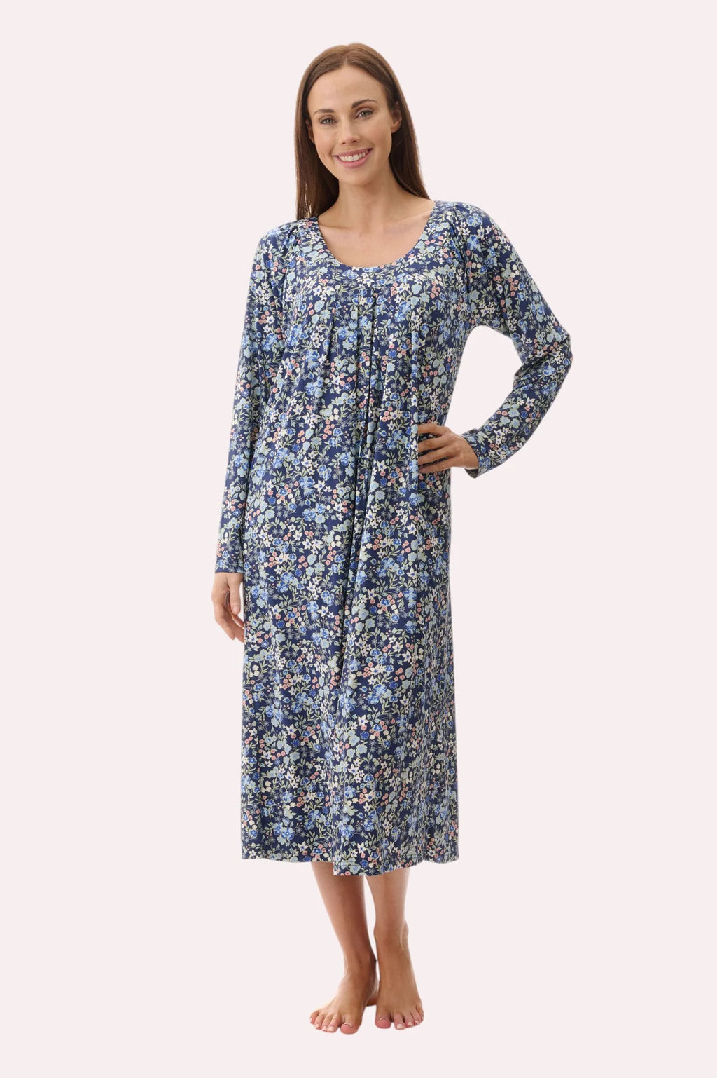 Givoni Ariel royal blue mid-length long sleeve sleepwear nightie with soft fabric and relaxed fit, front view image