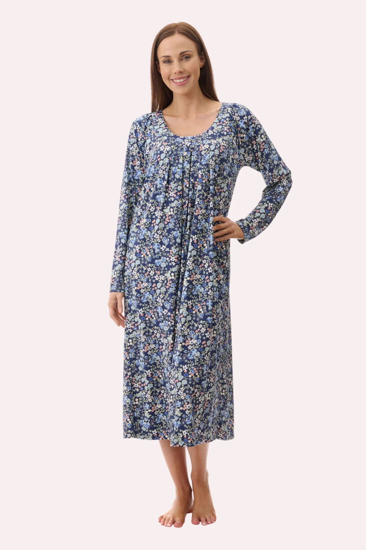 Givoni Ariel royal blue mid-length long sleeve sleepwear nightie with soft fabric and relaxed fit, front view image