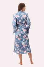 Givoni Jaclyn mid-length wrap gown in dusk sleepwear, shown from the back with soft fabric and elegant design details.