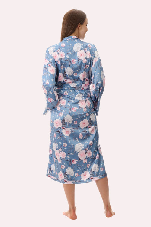 Givoni Jaclyn mid-length wrap gown in dusk sleepwear, shown from the back with soft fabric and elegant design details.