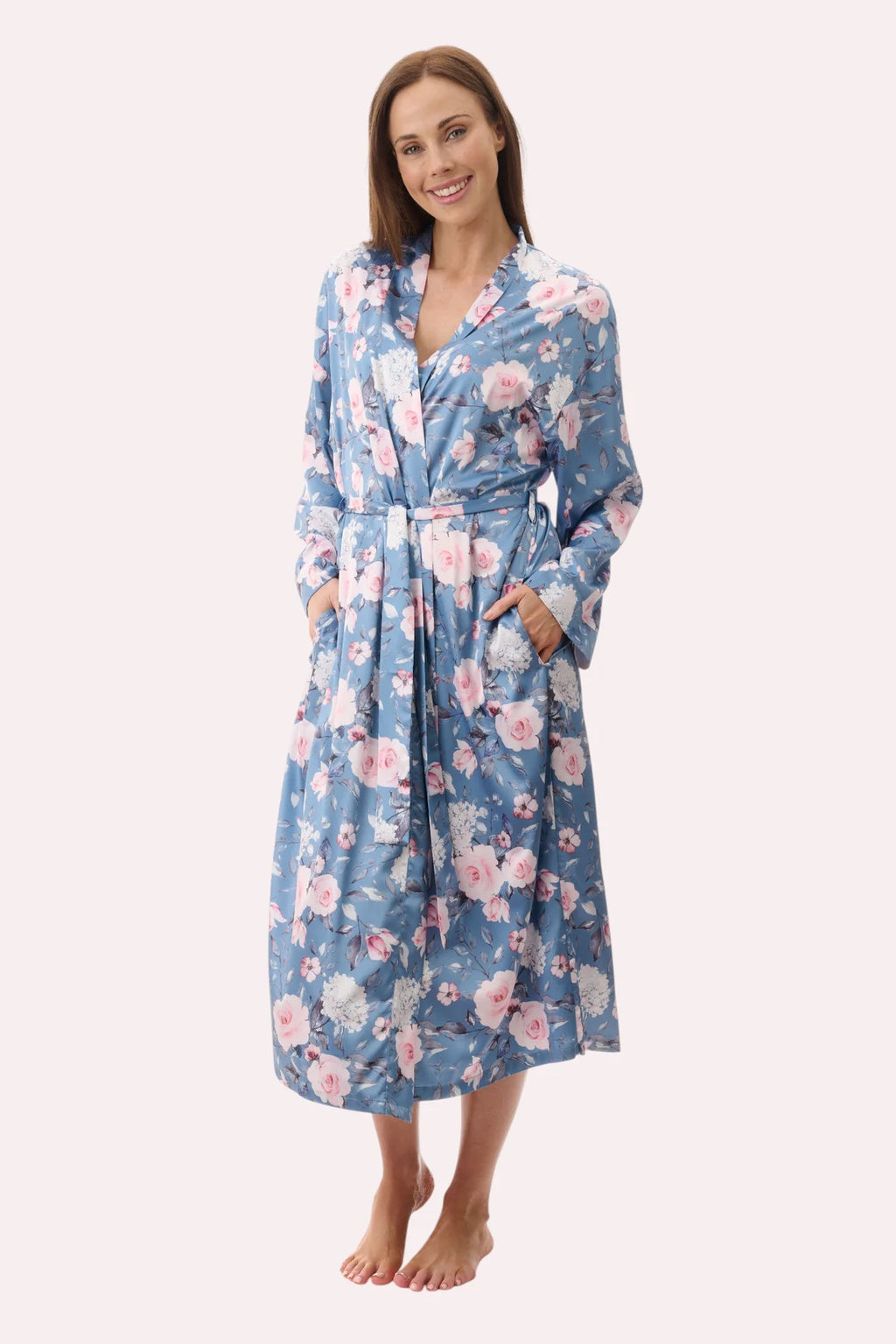 Givoni Jaclyn mid-length wrap gown in Dusk, elegant sleepwear with a soft fabric and flattering silhouette, front view.