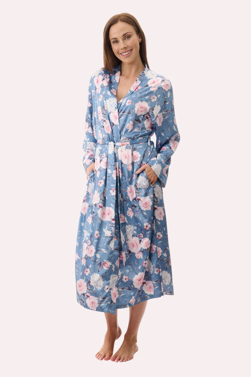 Givoni Jaclyn mid-length wrap gown in Dusk, elegant sleepwear with a soft fabric and flattering silhouette, front view.