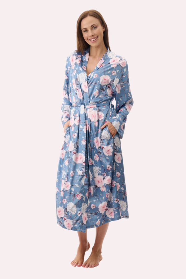 Givoni Jaclyn mid-length wrap gown in Dusk, elegant sleepwear with a soft fabric and flattering silhouette, front view.