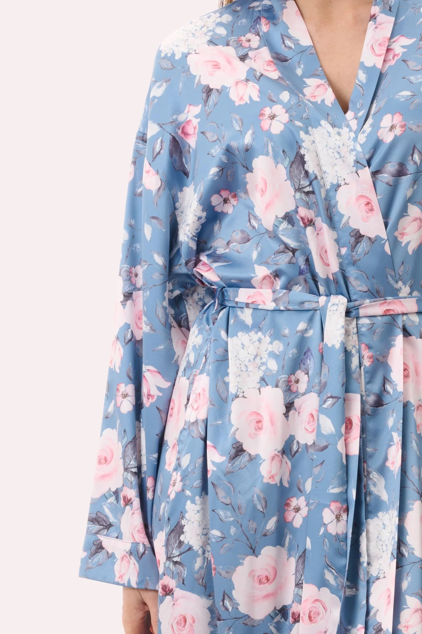 Givoni Jaclyn mid-length wrap gown in Dusk sleepwear, featuring soft fabric and elegant design, displayed on a hanger against a neutral background.