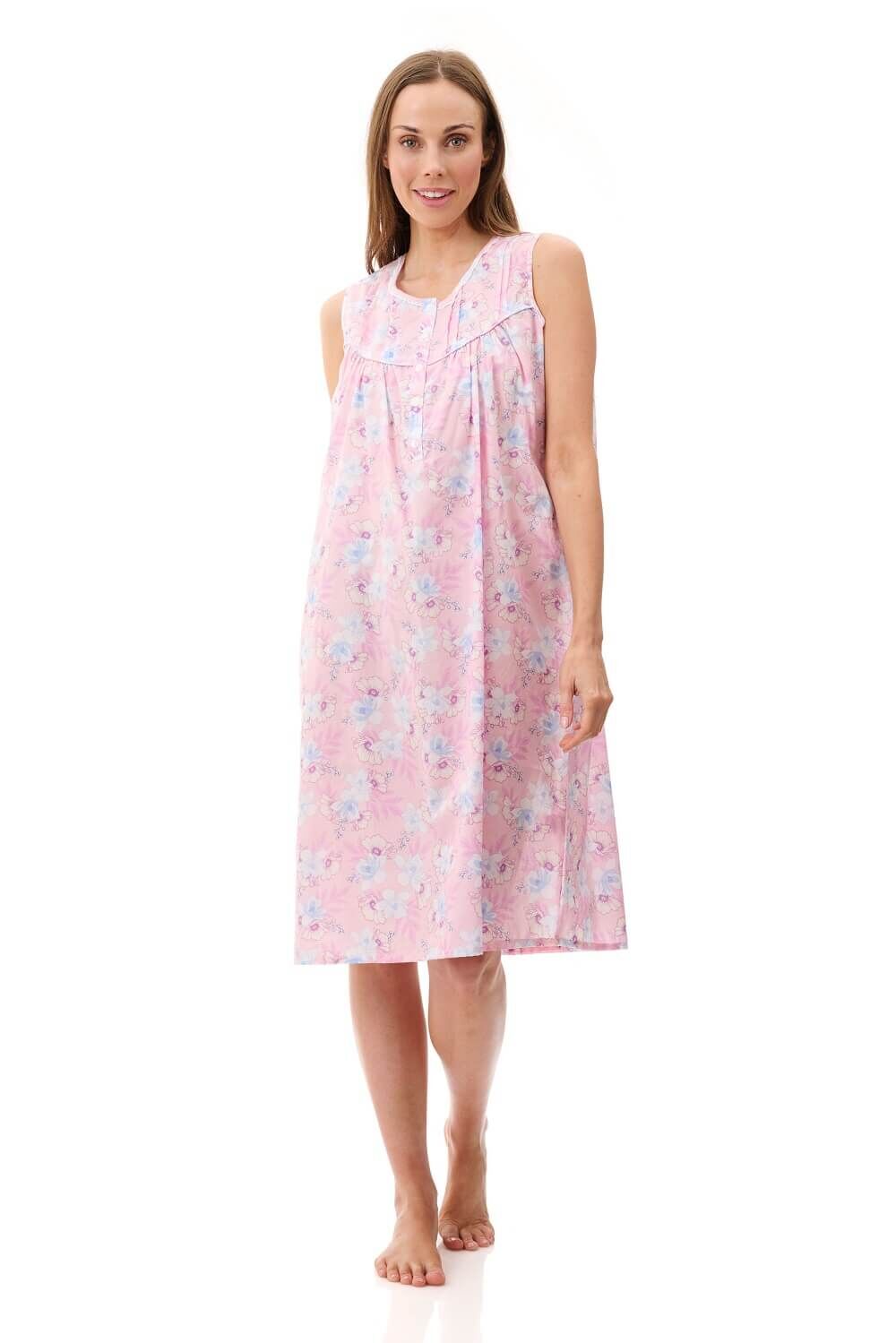 Pink floral sleeveless nightie for women by GIVONI, short length sleepwear with a comfortable fit and feminine design.