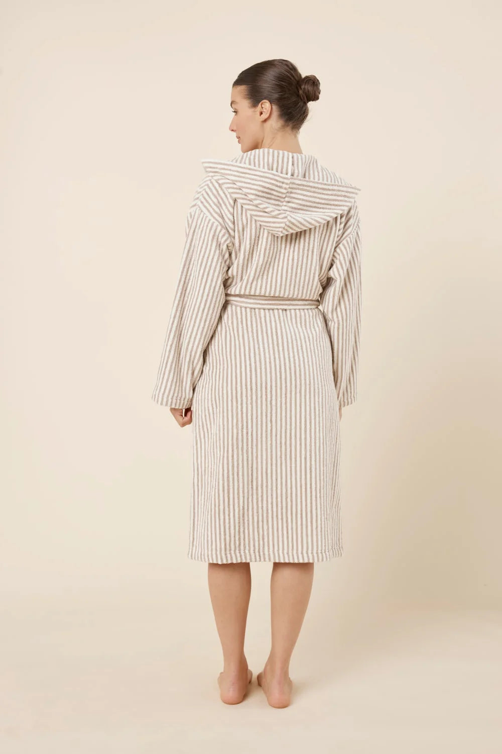 Ginger Lily Adriana Terry towel robe in biscuit color, soft sleepwear with a relaxed fit, back view showing cozy fabric and design.