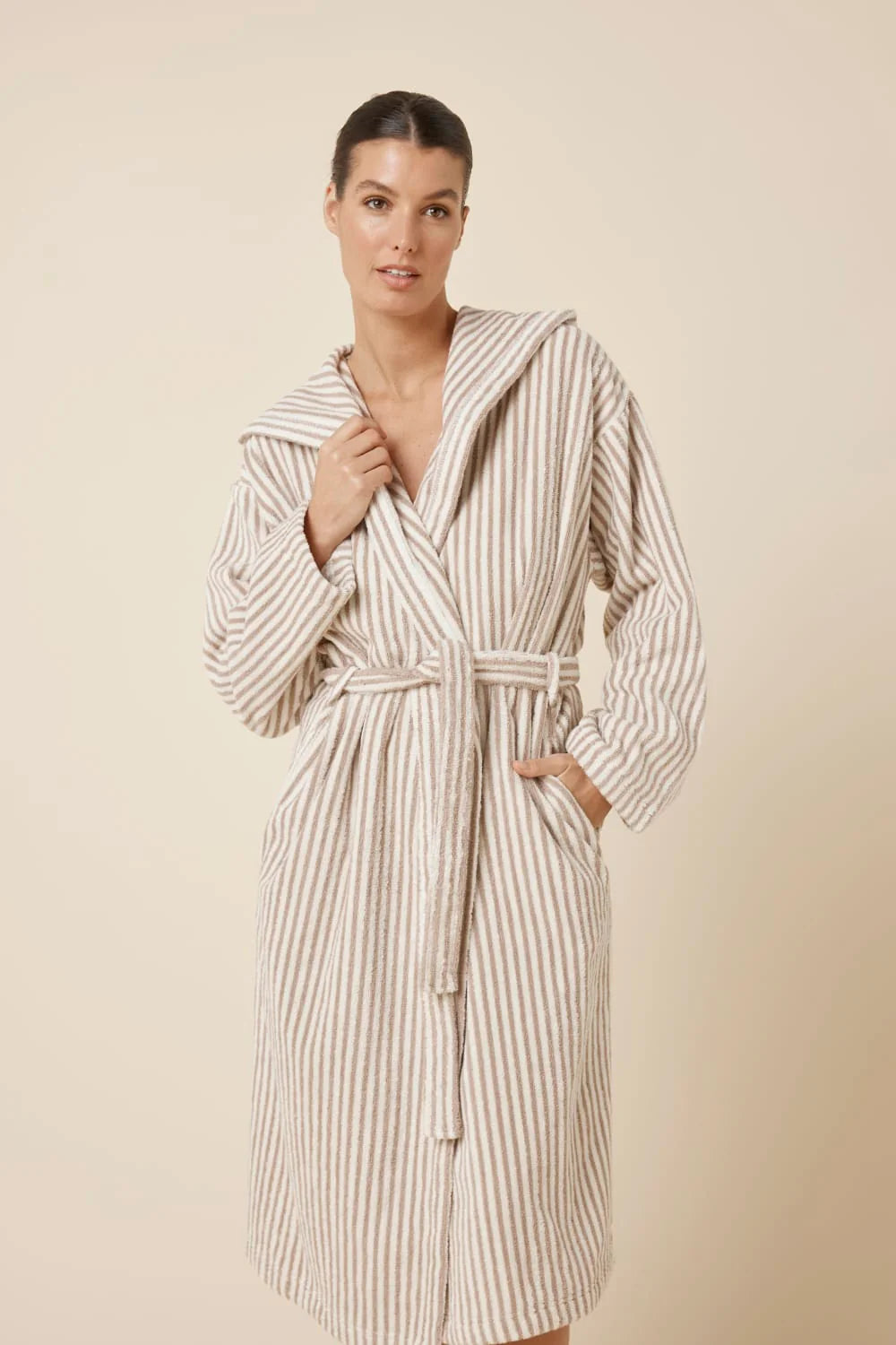 Close-up of Ginger Lily Adriana Terry Towel Robe in biscuit color, showcasing soft, plush fabric and relaxed sleepwear style.