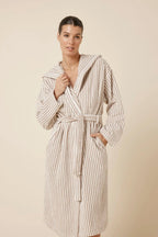 Close-up of Ginger Lily Adriana Terry Towel Robe in biscuit color, showcasing soft, plush fabric and relaxed sleepwear style.
