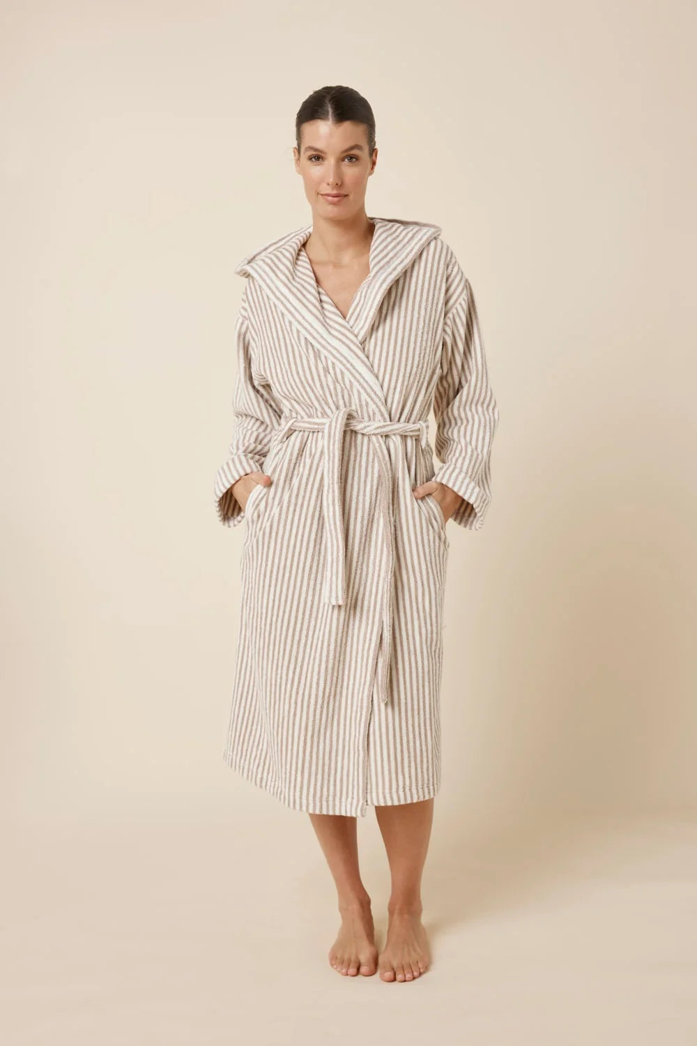 Ginger Lily Adriana Terry towel robe in biscuit color, front view showing soft, plush sleepwear fabric and relaxed fit.