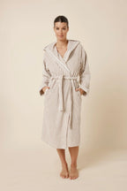 Ginger Lily Adriana Terry towel robe in biscuit color, front view showing soft, plush sleepwear fabric and relaxed fit.