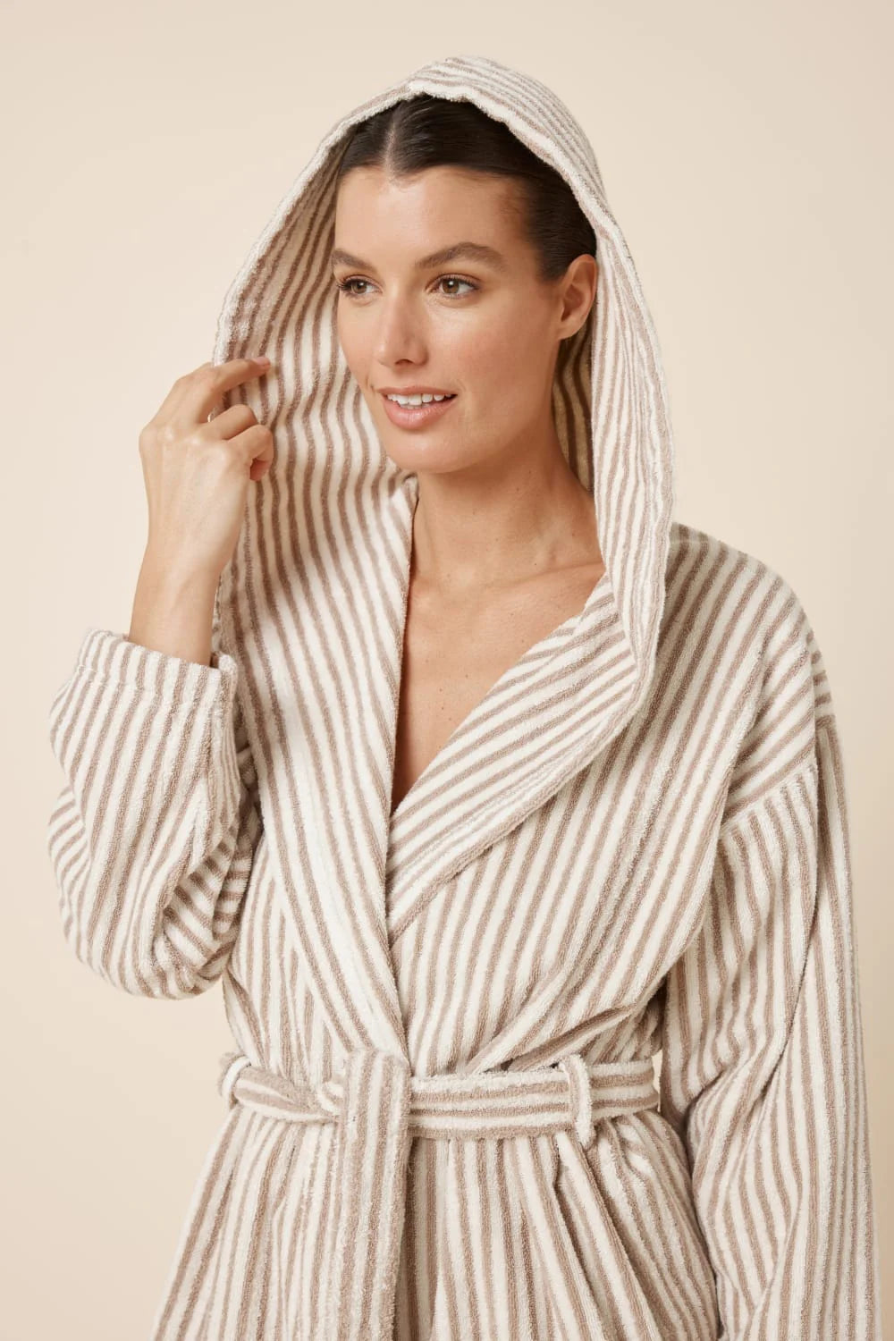 Ginger Lily Adriana Terry towel robe in biscuit color, lightweight sleepwear with a hood and soft, textured fabric.