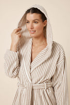 Ginger Lily Adriana Terry towel robe in biscuit color, lightweight sleepwear with a hood and soft, textured fabric.