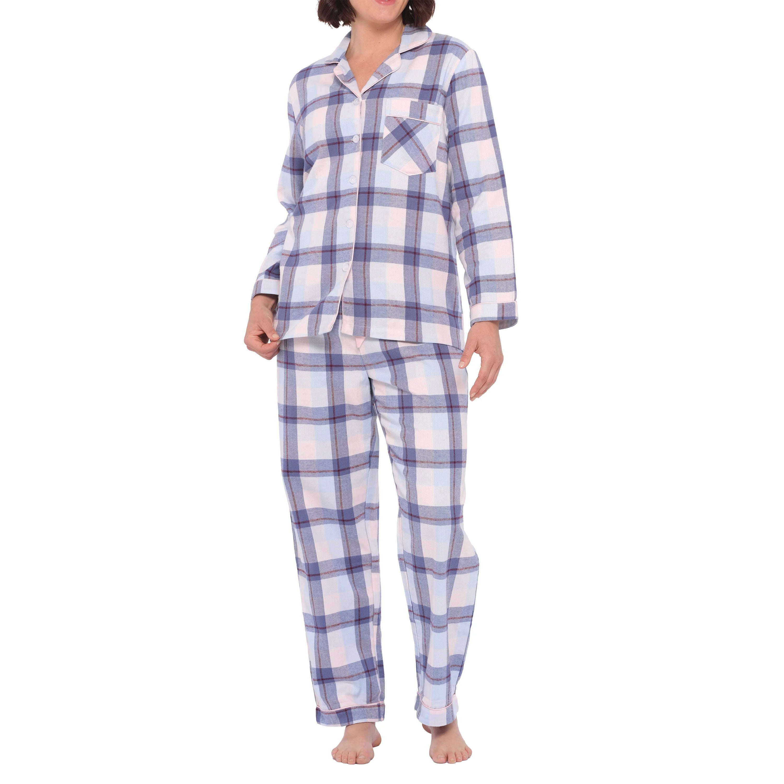 Magnolia Blue Horizon flannelette cotton pyjama set for sleepwear, shown from the side with blue and white patterned fabric.