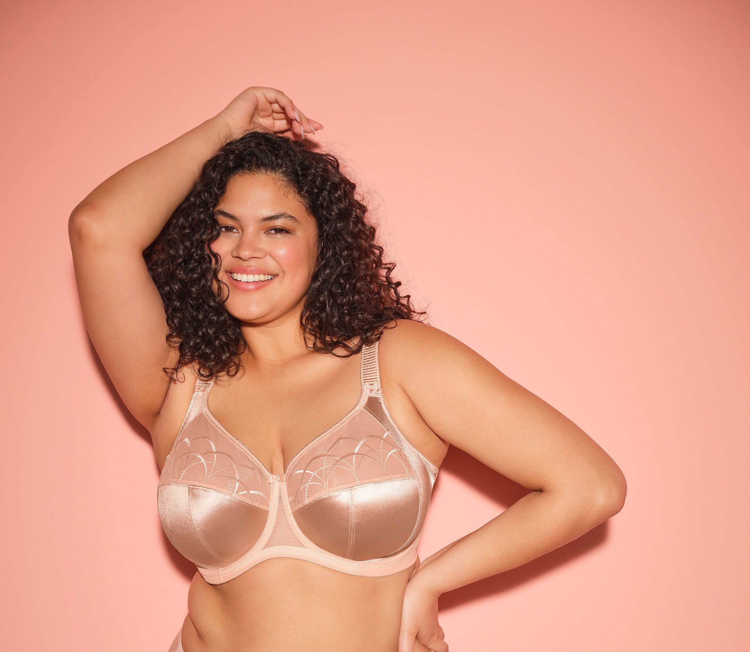 ELOMI Cate underwire full cup bra in latte color with smooth fabric and supportive design, featuring adjustable straps and underwire support.