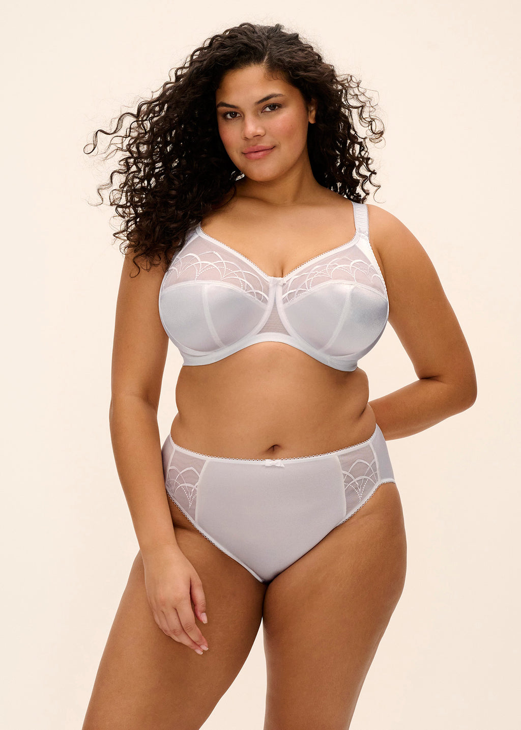 White ELOMI Cate full cup banded bra with supportive underwire and smooth fabric, shown on a white background.