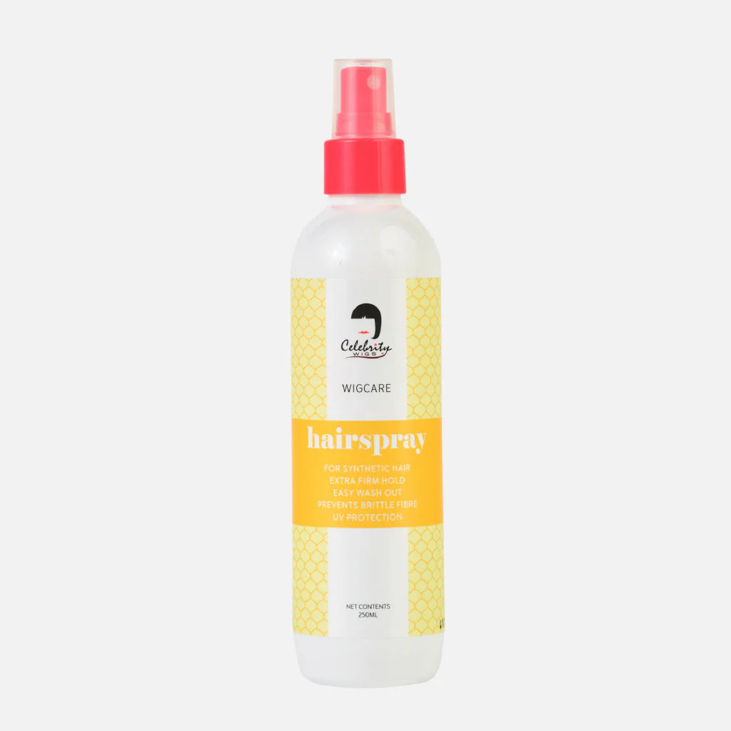 Celebrity Wigs wig hair spray in a spray bottle, designed for styling and holding wigs securely.