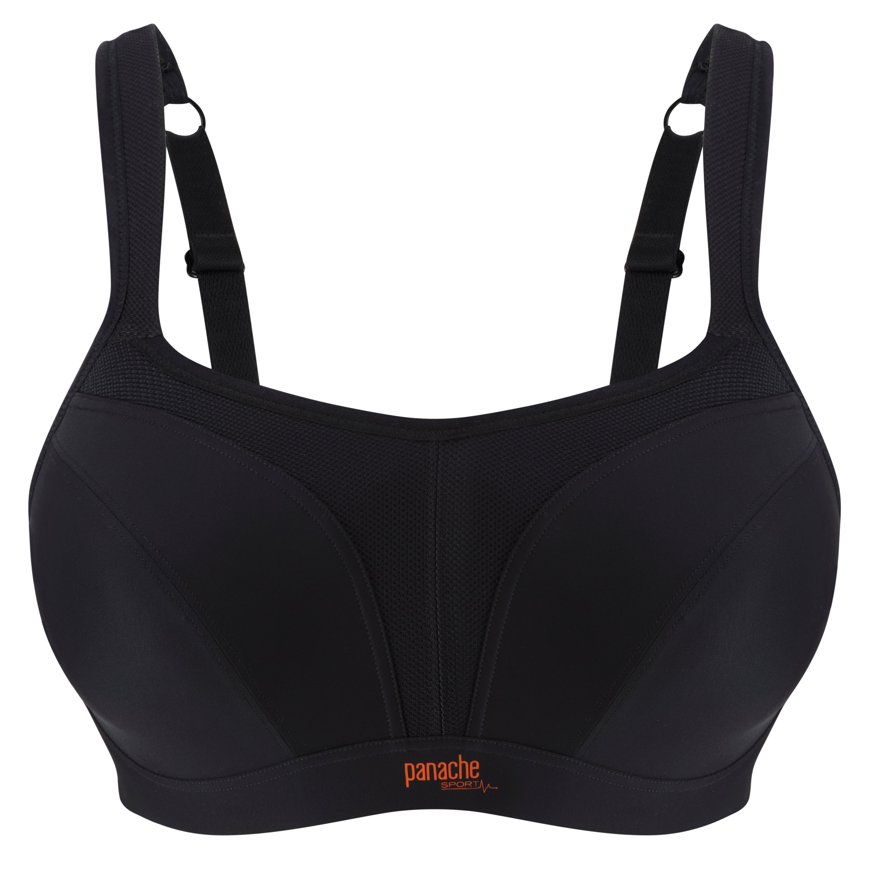 Black underwire sports bra by Panache, showing supportive design and adjustable straps for active wear.