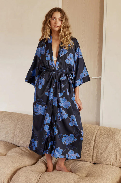Daisy Silky Satin Long Robe (Navy)