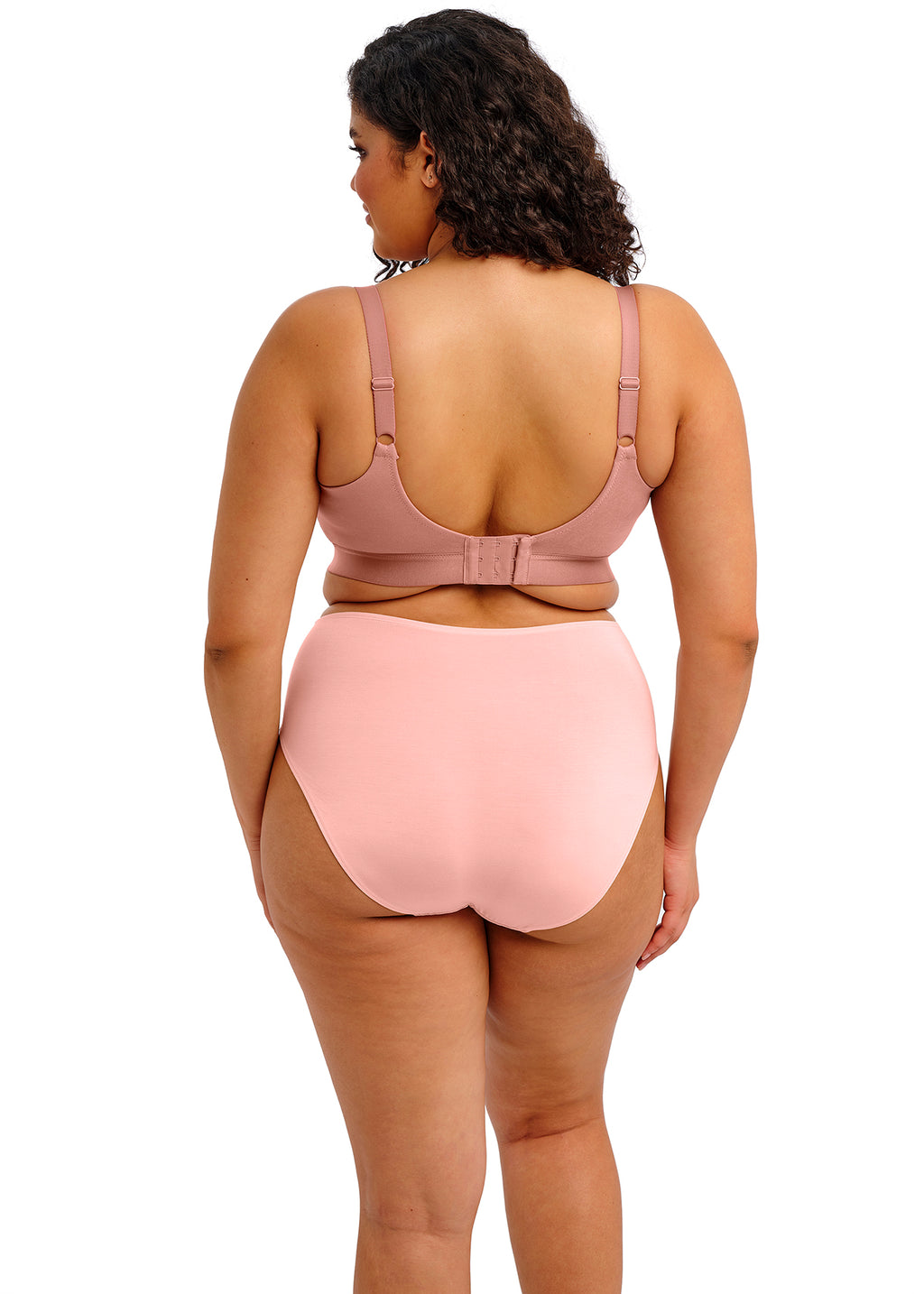 ELOMI Downtime bralette in Ash Rose with smooth, non-wired design, soft ballet pink fabric, and comfortable fit.