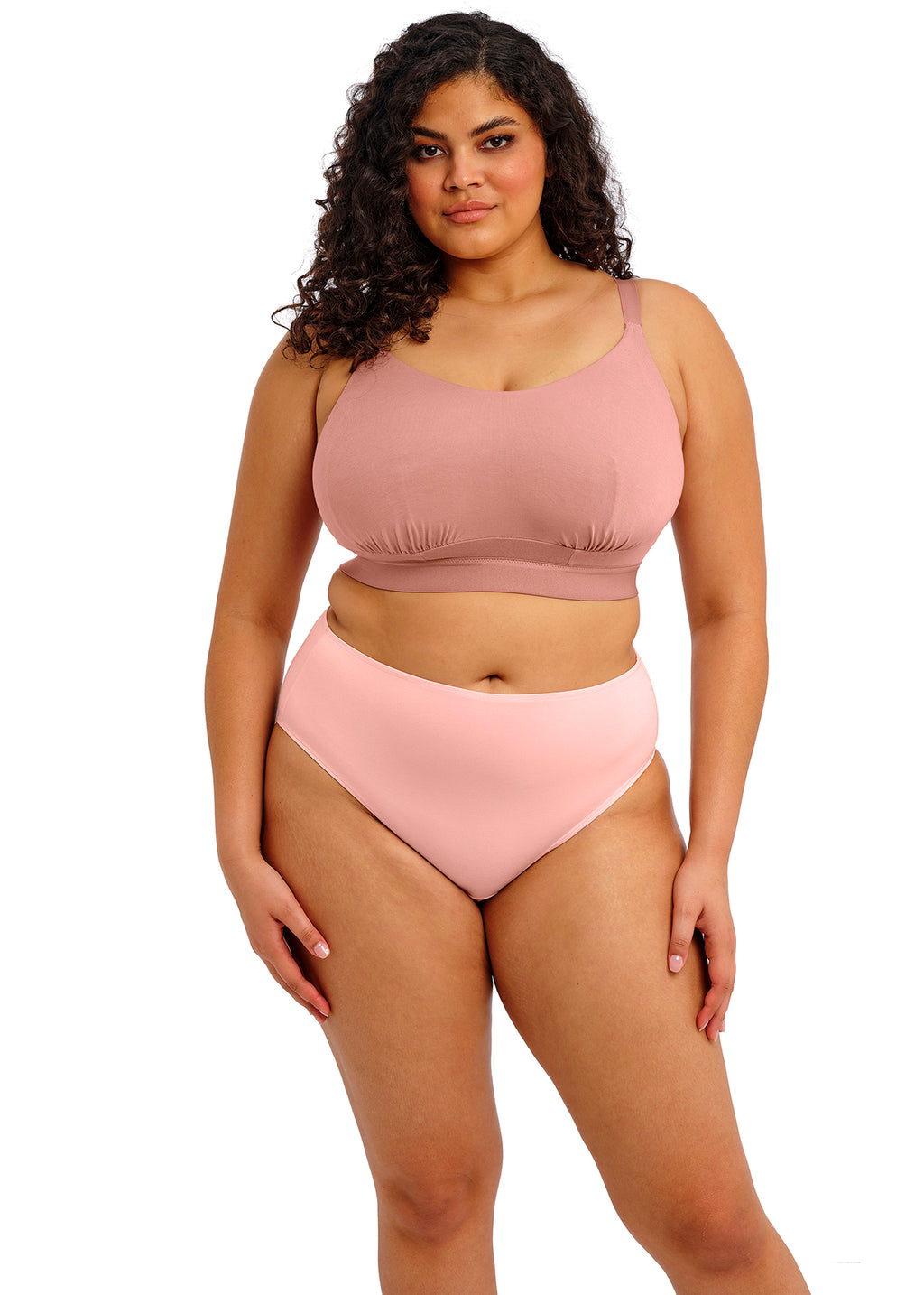 ELOMI Downtime Bralette in Ash Rose, non-wired, smooth and soft ballet pink fabric, comfortable bra for everyday wear.