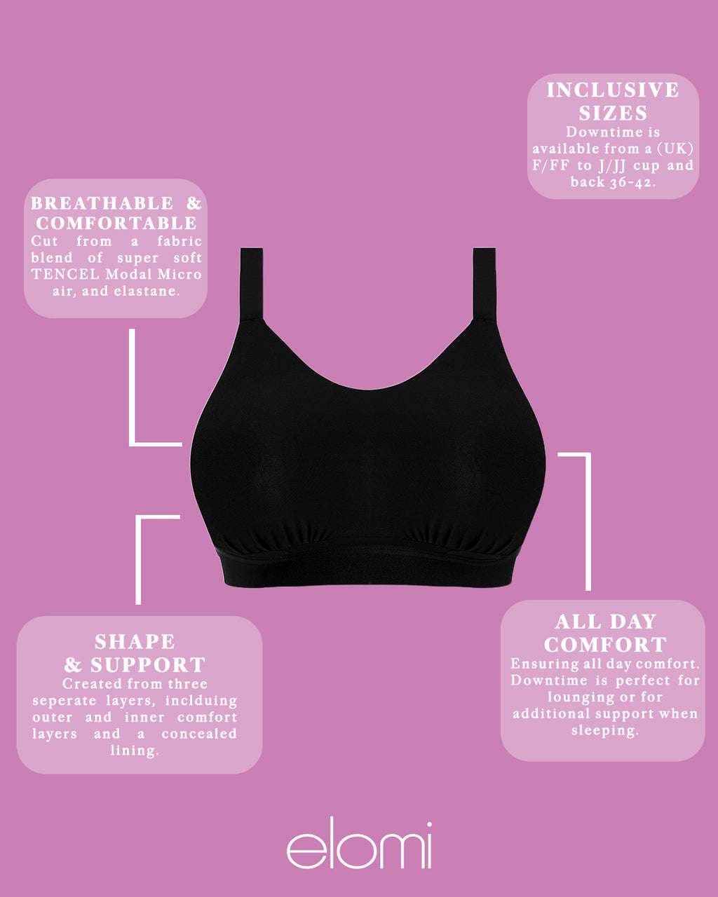 ELOMI Downtime black non-wired bralette with soft fabric and comfortable fit, shown on a model.