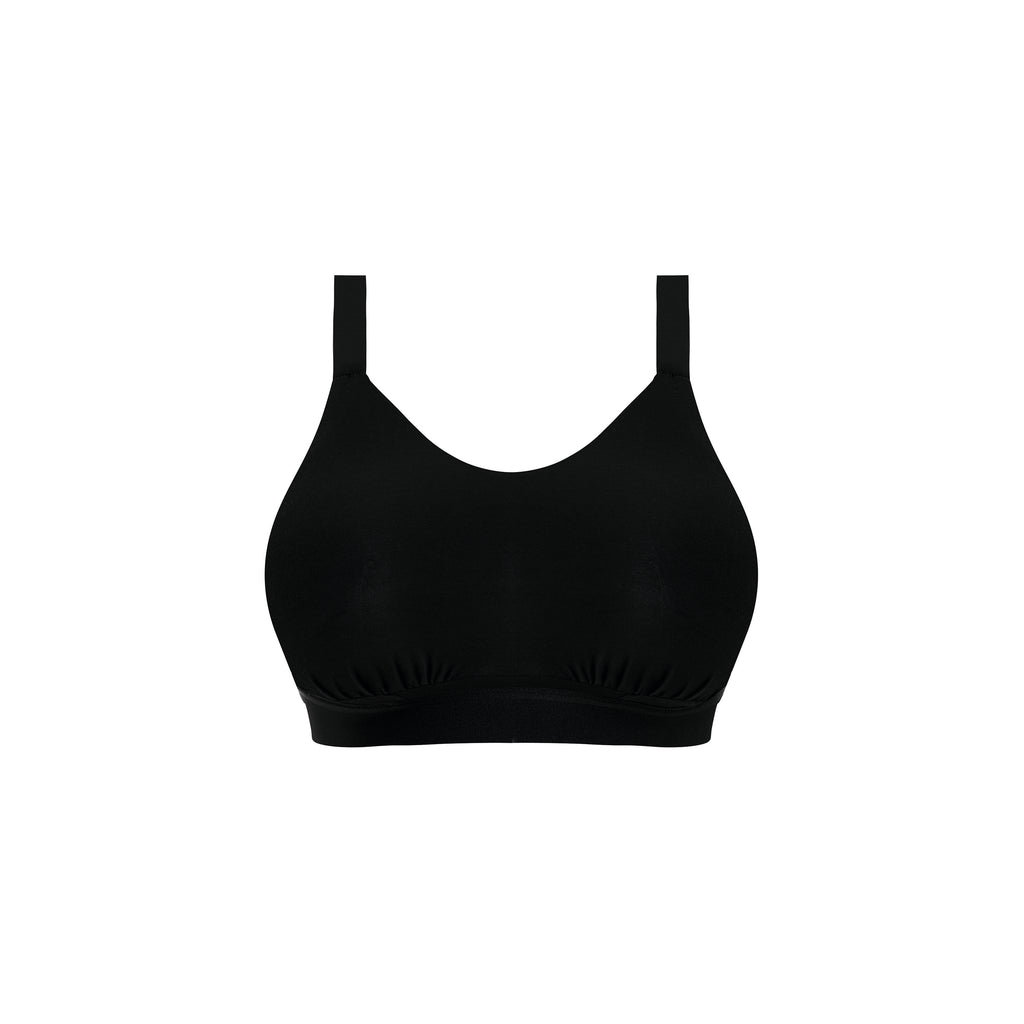 Black Downtime bralette by ELOMI featuring a cutout print, non-wired design, comfortable and stylish for everyday wear.