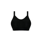 Black Downtime bralette by ELOMI featuring a cutout print, non-wired design, comfortable and stylish for everyday wear.