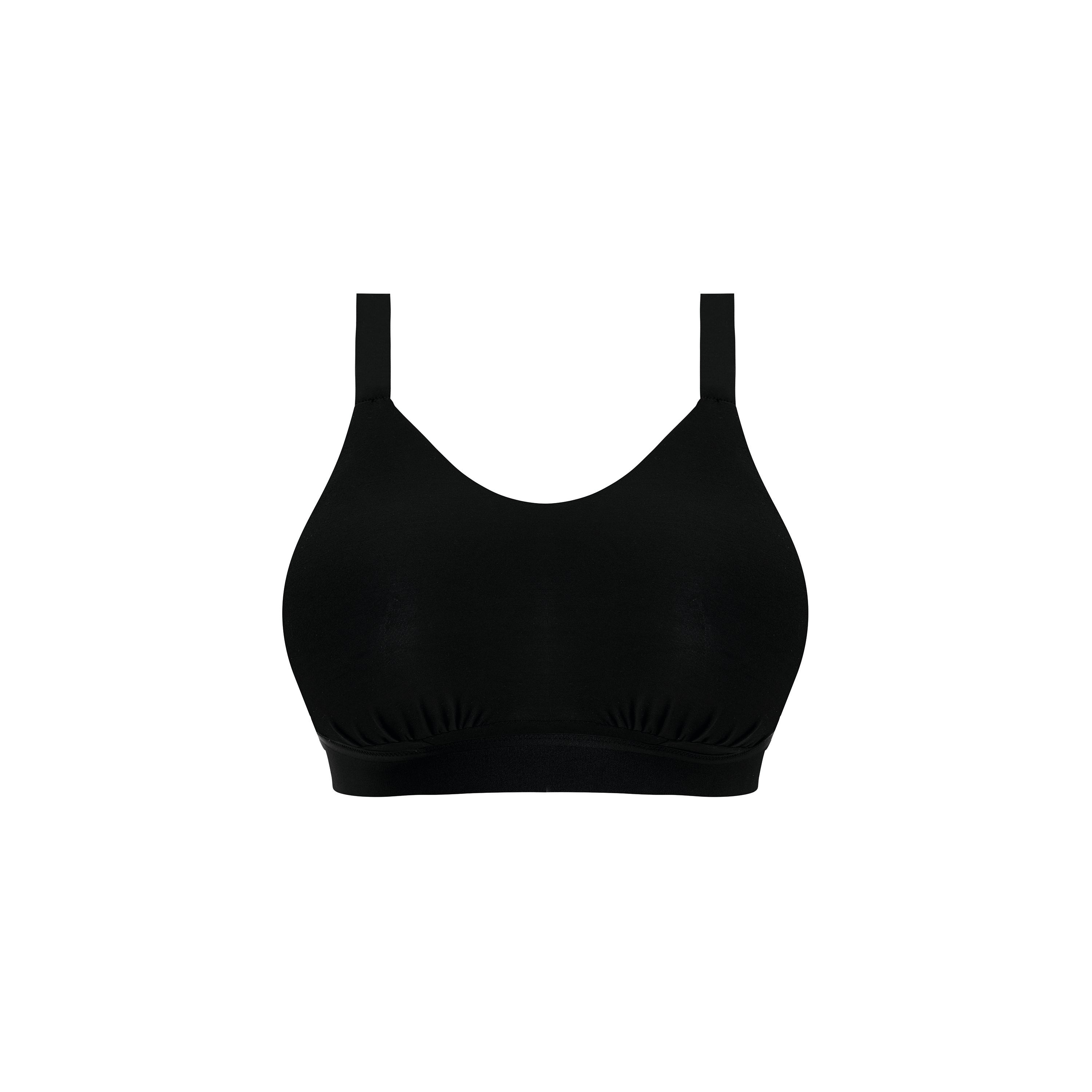 Black Downtime bralette by ELOMI featuring a cutout print, non-wired design, comfortable and stylish for everyday wear.