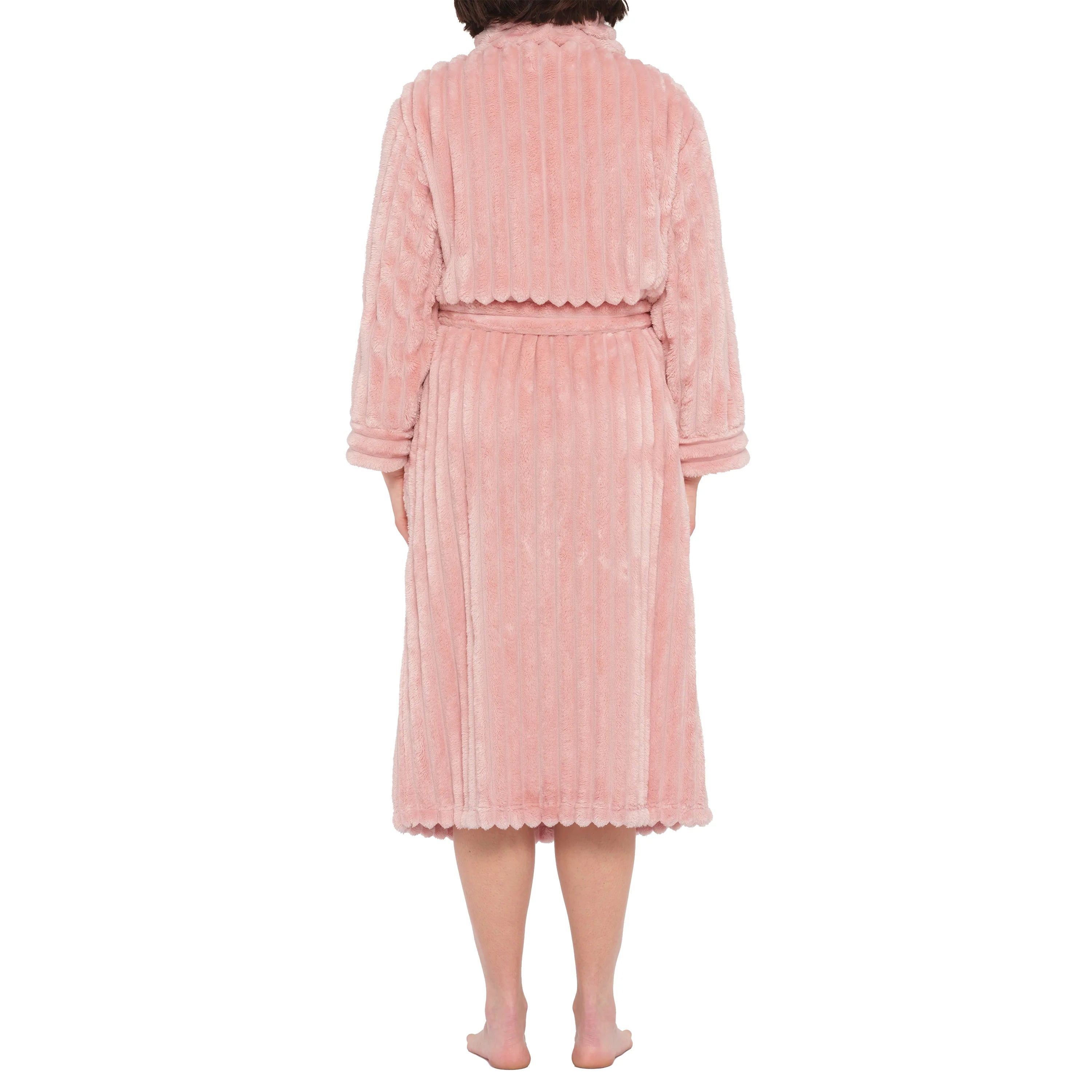 Dusty pink MAGNOLIA sleepwear dressing gown with shawl collar and jacquard fleece, shown from the back.