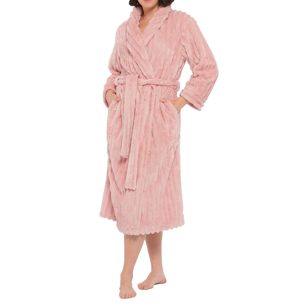 Magnolia Dusty Pink shawl collar jacquard fleece dressing gown, side view, cozy sleepwear with elegant pattern.